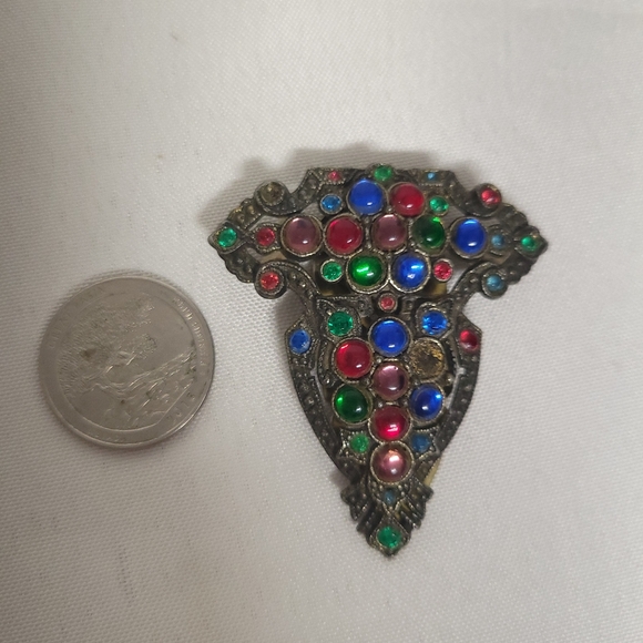 Vintage-Inspired Art Deco Multicolor Gemstone Clip  Brooch Unsigned - Picture 5 of 7